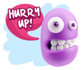 3d Rendering Smile Character Emoticon Expression saying Hurry Up