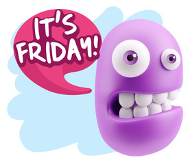 3d Rendering Smile Character Emoticon Expression saying It's Fri