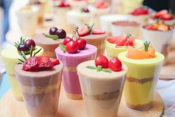 strawberry tiramisu dessert with mascarpone cheese and fresh fruits in glass