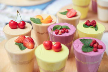 strawberry tiramisu dessert with mascarpone cheese and fresh fruits in glass