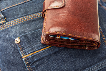 blue jeans pocket with Wallet brown