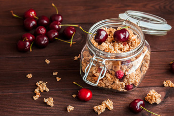 muesli with sweet cherry in the jar