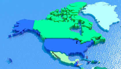 Mappa 3D America Nord con nazioni in rilievo e colorate