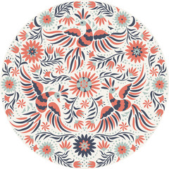 Mexican embroidery round pattern. Red and back ornate ethnic pattern. Birds and flowers light background. Floral background with bright ethnic ornament.