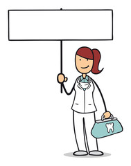 Cartoon Zahnärztin hält Schild hoch