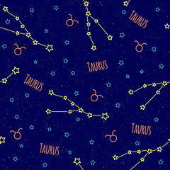 Seamless vector pattern. Background with the image of constellation Taurus zodiac sign on a dark blue background with blue stars. Pattern for design packaging, design brochures, printing on textiles