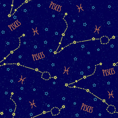 Obraz na płótnie Canvas Seamless vector pattern. Background with the image of constellation Pisces zodiac sign on a dark blue background with blue stars. Pattern for design packaging, design brochures, printing on textiles