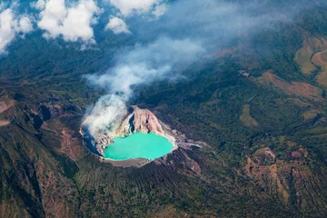 Stoff pro Meter Aerial photo of active volcano Ijen in East Java - largest highly acidic crater lake in world with turquoise sulphuric water. Place of sulfur mining. Famous travel destinations of Indonesian islands. © Tropical studio