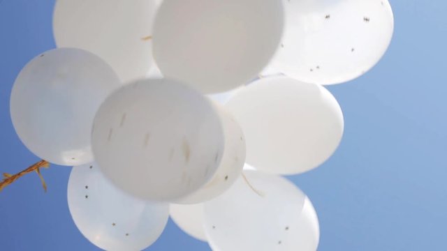 inflated white helium balloons in blue sky 4
