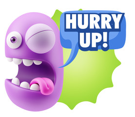 3d Rendering Smile Character Emoticon Expression saying Hurry Up