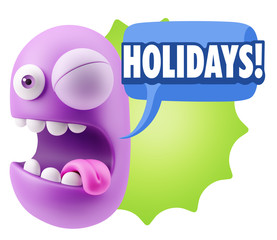 3d Rendering Smile Character Emoticon Expression saying Holidays
