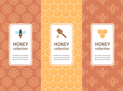 Honey label, logo, sticker design elements. Vector packaging template with seamless patterns. Warm color palette of golden tints
