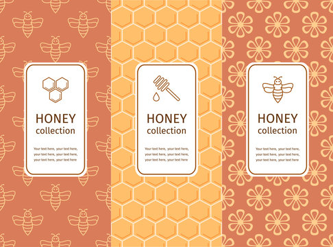 Vector packaging template with seamless patterns. Concept for honey package, banner, wrapping. Warm color palette of golden tints 