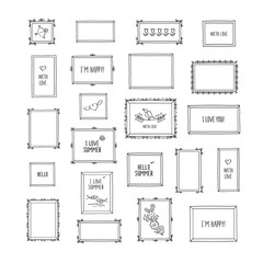 Big set of hand drawn decorative square photo frames. Vintage frames with pictures and words. Doodles, sketch for your design. Isolated on white. Vector illustration. 