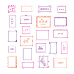 Big set of hand drawn decorative square photo frames. Vintage colored frames with pictures and words. Doodles, sketch for your design. Isolated on white. Vector illustration. 