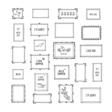 Big set of hand drawn decorative square photo frames. Vintage frames with pictures and words. Doodles, sketch for your design. Isolated on white. Vector illustration. 