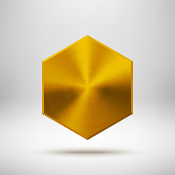 Gold abstract polygon, hex badge, technology blank button template with metal texture, chrome, silver, steel and realistic shadow for logo, design concepts, apps. Vector illustration.