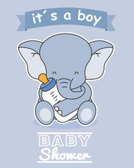 baby boy shower card. Elephant with baby bottle