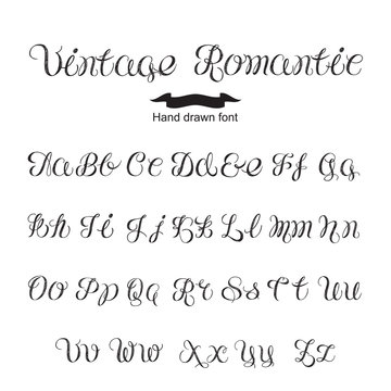 Hand written calligraphy vintage romantic font. Black letters 