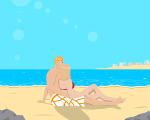 Obraz na płótnie Canvas Couple sitting on the beach and admire the scenery of the city. Vector illustration