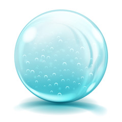 Big light blue glass sphere with air bubbles, glares and shadows. Transparency only in vector file