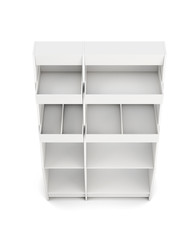 Display rack with shelves isolated on white background. Top view. 3d rendering.