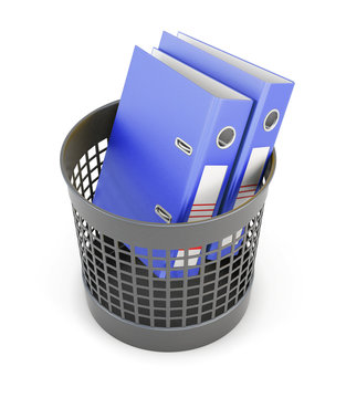Two folders in the trash can isolated on white background. Wastepaper basket and folders. 3d rendering.