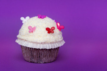 Kokosnuss Cupcake mit Dekoration auf violettem Hintergrund
