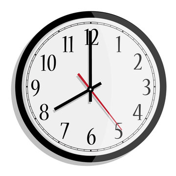 Vector simple classic black and white round wall clock isolated on white. Clock on wall shows eight o'clock 