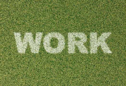 WORK - grass letters on football field
