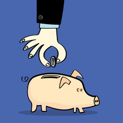 Hand and arm in a business suit dropping a silver coin into a pink piggy bank on a blue background with copy space