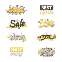 A collection of artistic sale and discount advertising badge stickers. Design elements to advertise special offer, hot sales and clearance proposals.