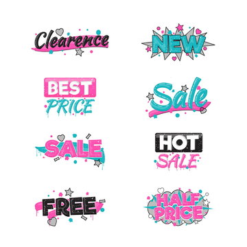 A collection of artistic sale and discount advertising badge stickers. Design elements to advertise special offer, hot sales and clearance proposals.