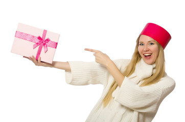 Woman with giftboxes isolated on white