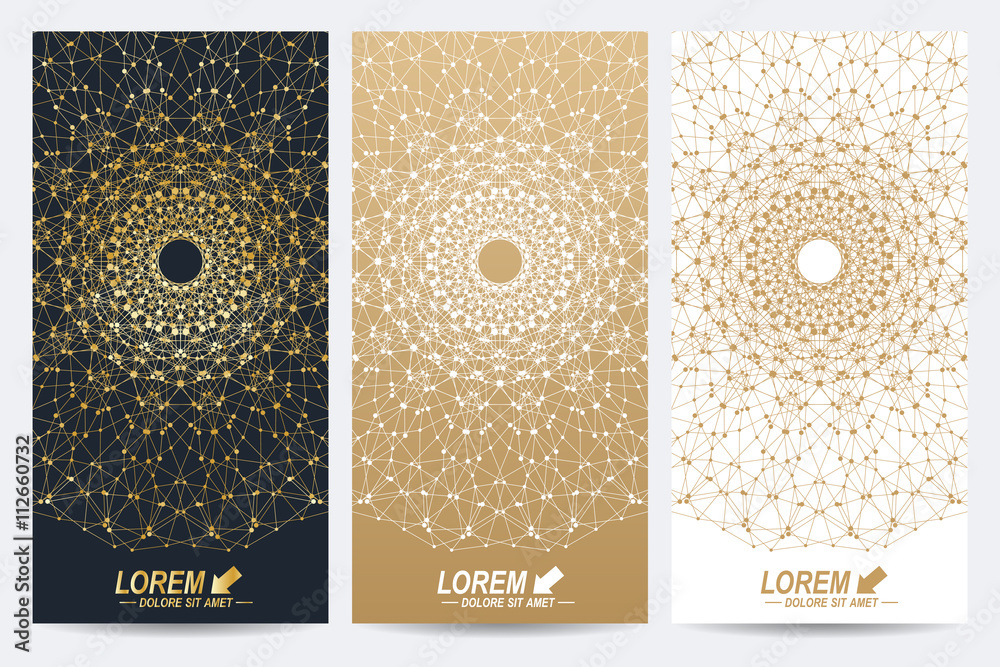 Poster modern set of vector flyers. molecule and communication background. geometric abstract round golden 