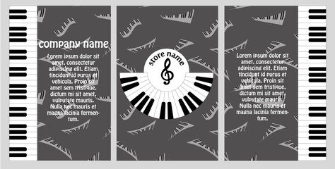 booklet for the musical store. Flyer design in style of music with the clipboard and fashion presentation.