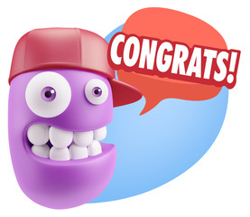 3d Rendering Smile Character Emoticon Expression saying Congrats