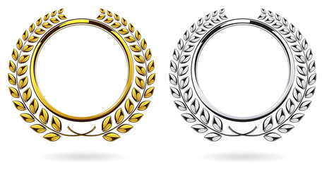 Detailed round silver and golden laurel wreath award set isolated on white background. Gold and platinum ring element. Victory, honor achievement, quality product, anniversary. Vector illustration