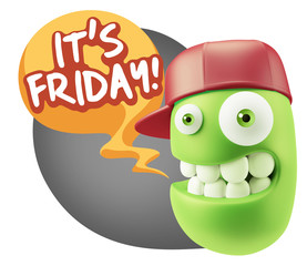 3d Rendering Smile Character Emoticon Expression saying It's Fri