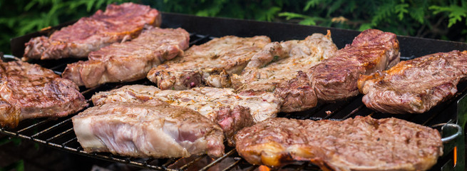 Leckere Sorten Fleisch auf dem Grill beim Grillabend mit Freunden