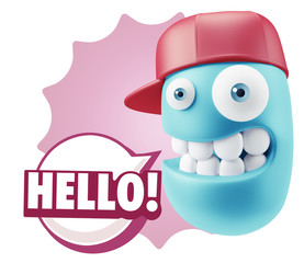 3d Rendering Smile Character Emoticon Expression saying Hello wi