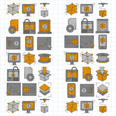 Vector doodle icons 3d printing