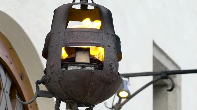 A fire on the lamp outside the building the black lamp found outside the building