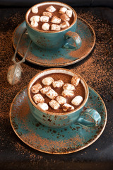 Homemade dark hot chocolate with marshmallows 