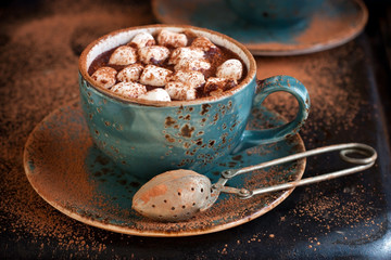 Mug filled with hot chocolate and marshmallows