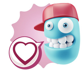 3d Rendering Smile Character Emoticon Expressing Love with a Hea