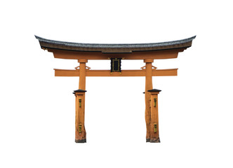 Miyajima Japanese Floating Tori front view isolated on white. Red Japanese Tori Temple Gate. The...