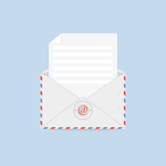 Open envelope with blank white sheet on blue background. Correspondence, personal communication, email and spam concept design. Arroba email symbol icon. Vector illustration.