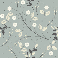 Detailed seamless pattern with plants, flowers and leaves on lig