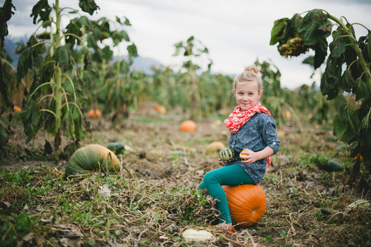 Girl sitting on pumpkin in field, portrait